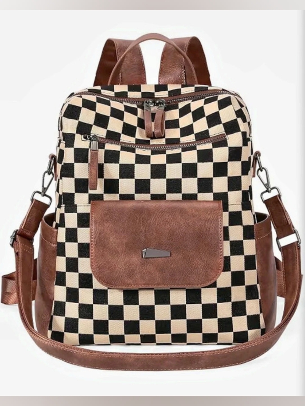 Checkered Canvas Backpack W. Adjustable Shoulder Strap | Brown | NEW WITH TAGS |